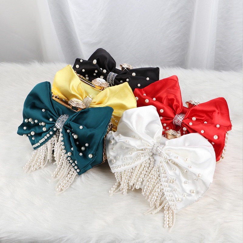 Túi dự tiệc nữ thắt nơ đính tua rua giả ngọc trai siêu quyến rũ