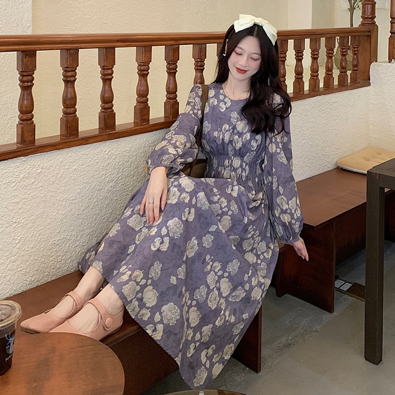 Đầm maxi SUXI tay dài hoạ tiết hoa màu tím phong cách vintage