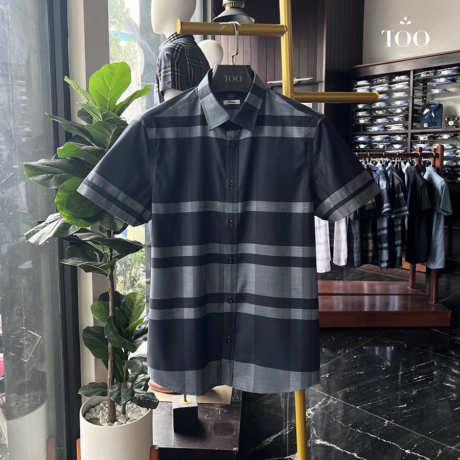 Áo sơ mi ngắn tay dáng slimfit TQQ K447CSC kẻ ghi sang trọng chất vải thoáng mát hạn chế nhăn