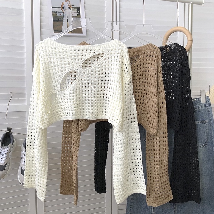 NUZIRO Áo croptop  dệt kim tay dài cổ tròn phối lưới kiểu Hàn Quốc xinh xắn thời trang cho nữ