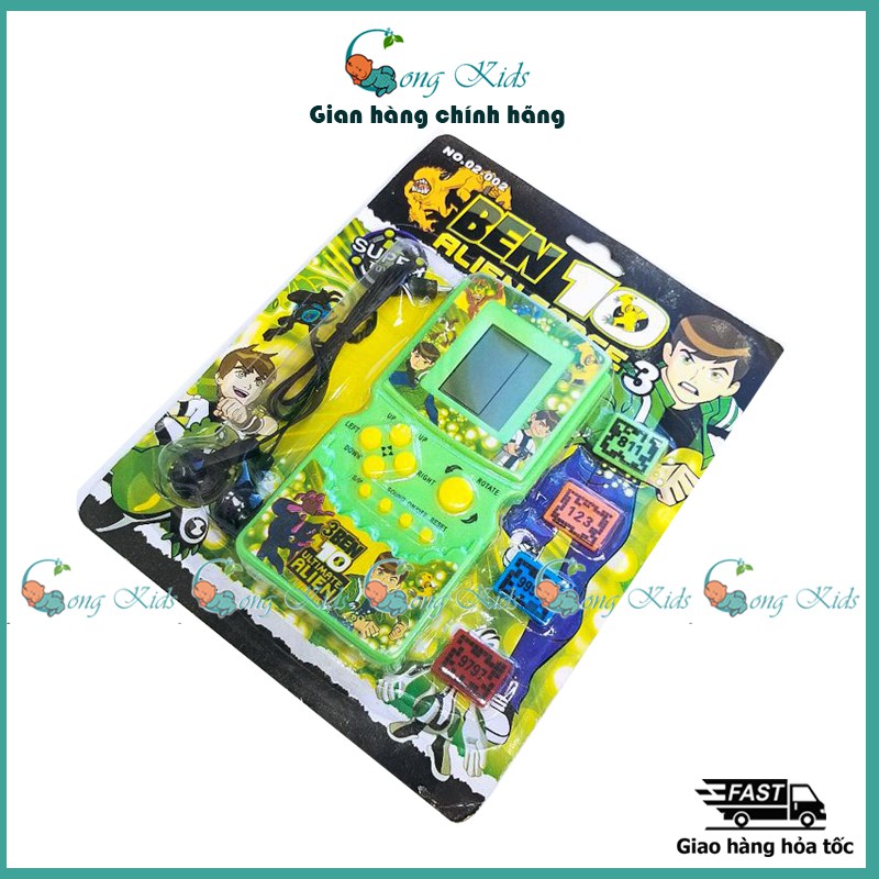 Máy chơi game cầm tay cổ điển Ben 10, kèm tai nghe và 4 thẻ. Tích hợp nhiều trò chơi vui nhộn như đua xe, xếp gạch....
