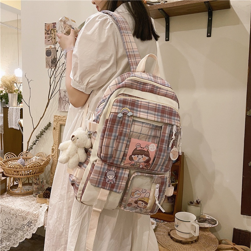 Ba lô học sinh chống thấm nước họa tiết ca rô dễ thương