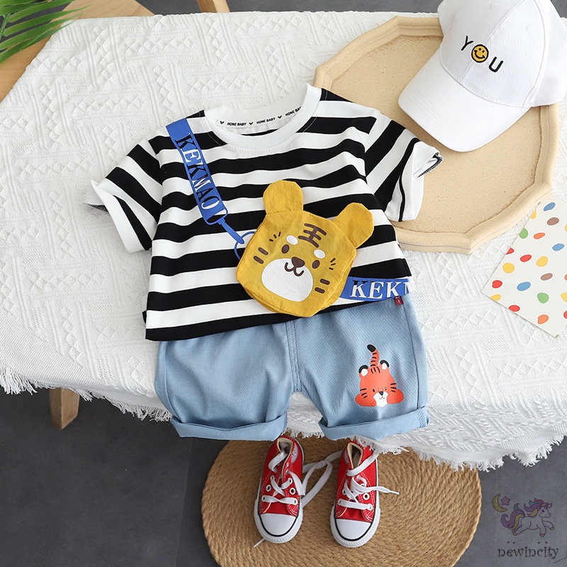 Set Áo Thun Tay Ngắn Sọc Ngang &amp; Quần Short Denim Thời Trang Cho Bé Trai