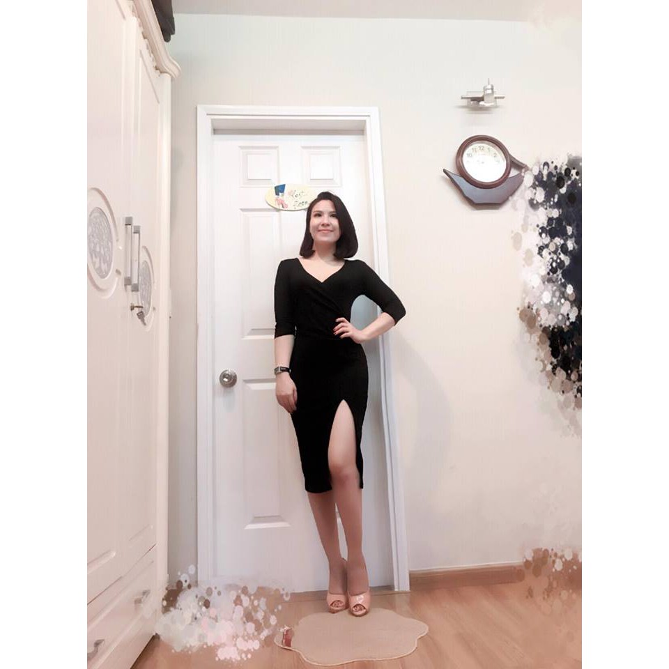 Đầm ôm body cổ tim đắp chéo xẻ tà, nhúng eo tay lỡ- TF251