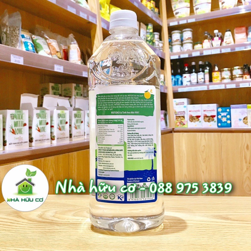 Dầu dừa hữu cơ ép lạnh VIETCOCO - CHAI 1 LÍT - Date: 2025 - Nhà Hữu Cơ