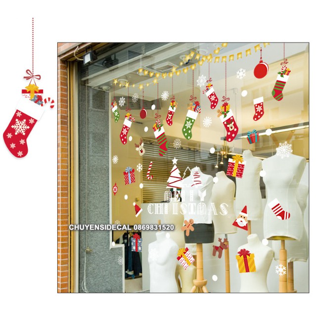 Decal dán tường Noel - Rèm kim tuyến sao tim Kết hợp Vớ sắc màu giáng sinh