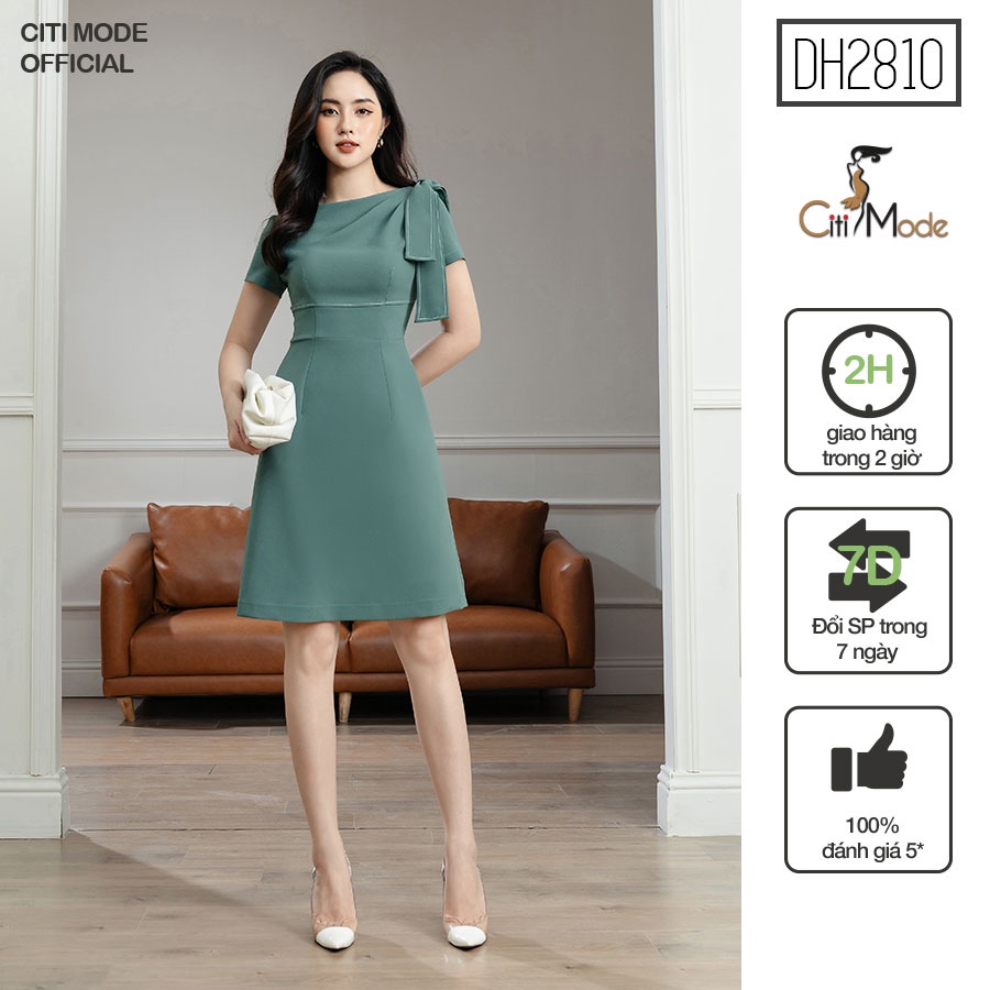 Đầm xòe công sở xanh nơ vai chất liệu co giãn nhập khẩu DH2810