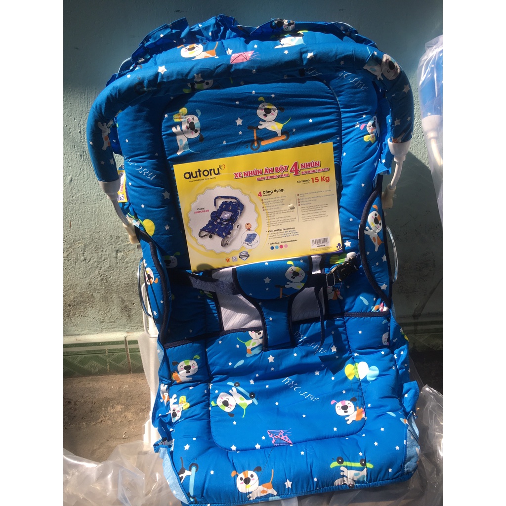 Xe nhún bập bênh cho bé ăn bột gấp gọn hiệu Autoru kèm mùn chụp-xe 4 nhún