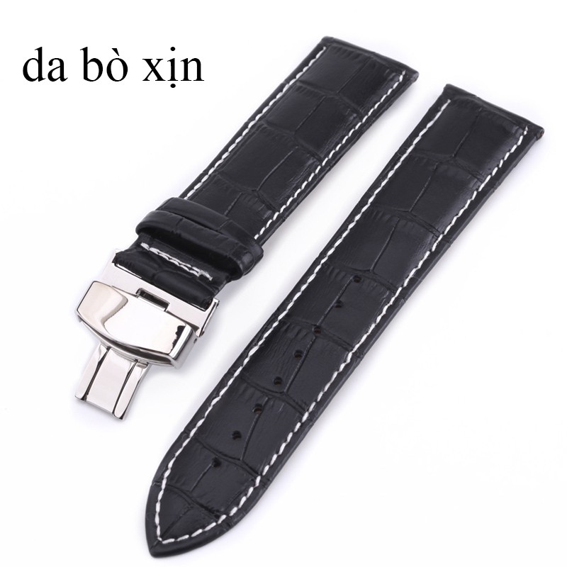 Dây đồng hồ da bò xịn SIZE 20mm, khóa bướm thép 316 (đen-B10)