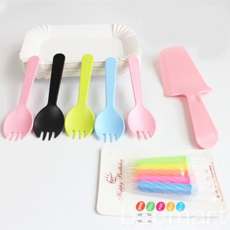 Bộ set 10c đĩa, dĩa, dao, nến ăn bánh kem sinh nhật màu pastel an toàn