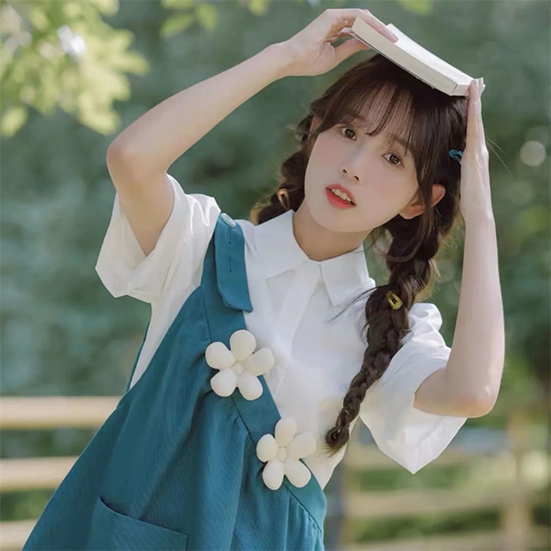 Bộ Áo Sơ Mi Tay Ngắn Dáng Rộng + Đầm Hai Dây Thời Trang Mùa Hè Hàn Quốc 2022