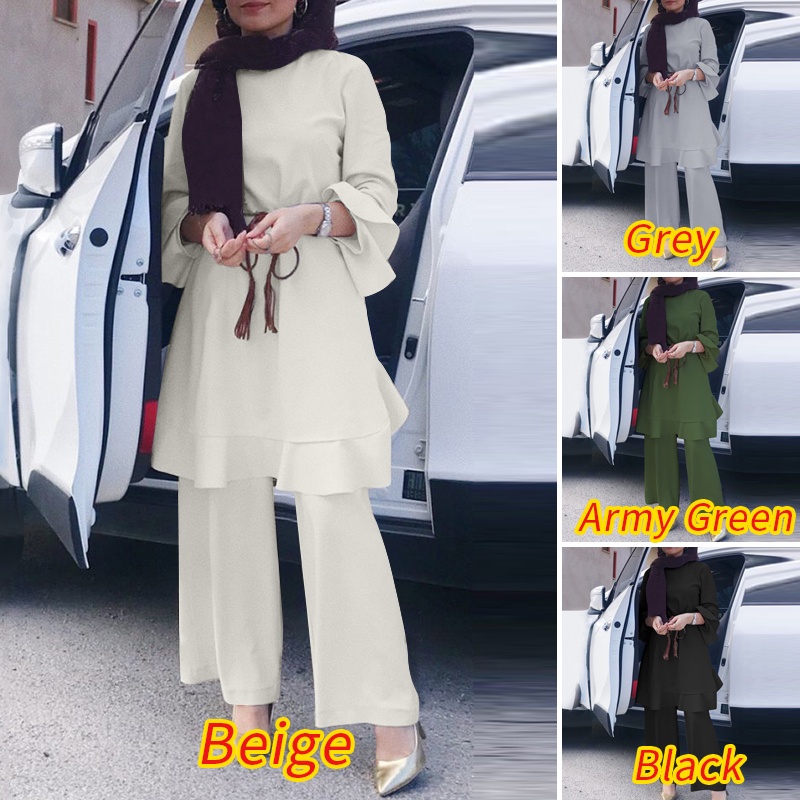 Zanzea Set Áo Dài Tay Nhún Bèo + Quần Dài Ống Rộng Lưng Thun Thời Trang Nữ