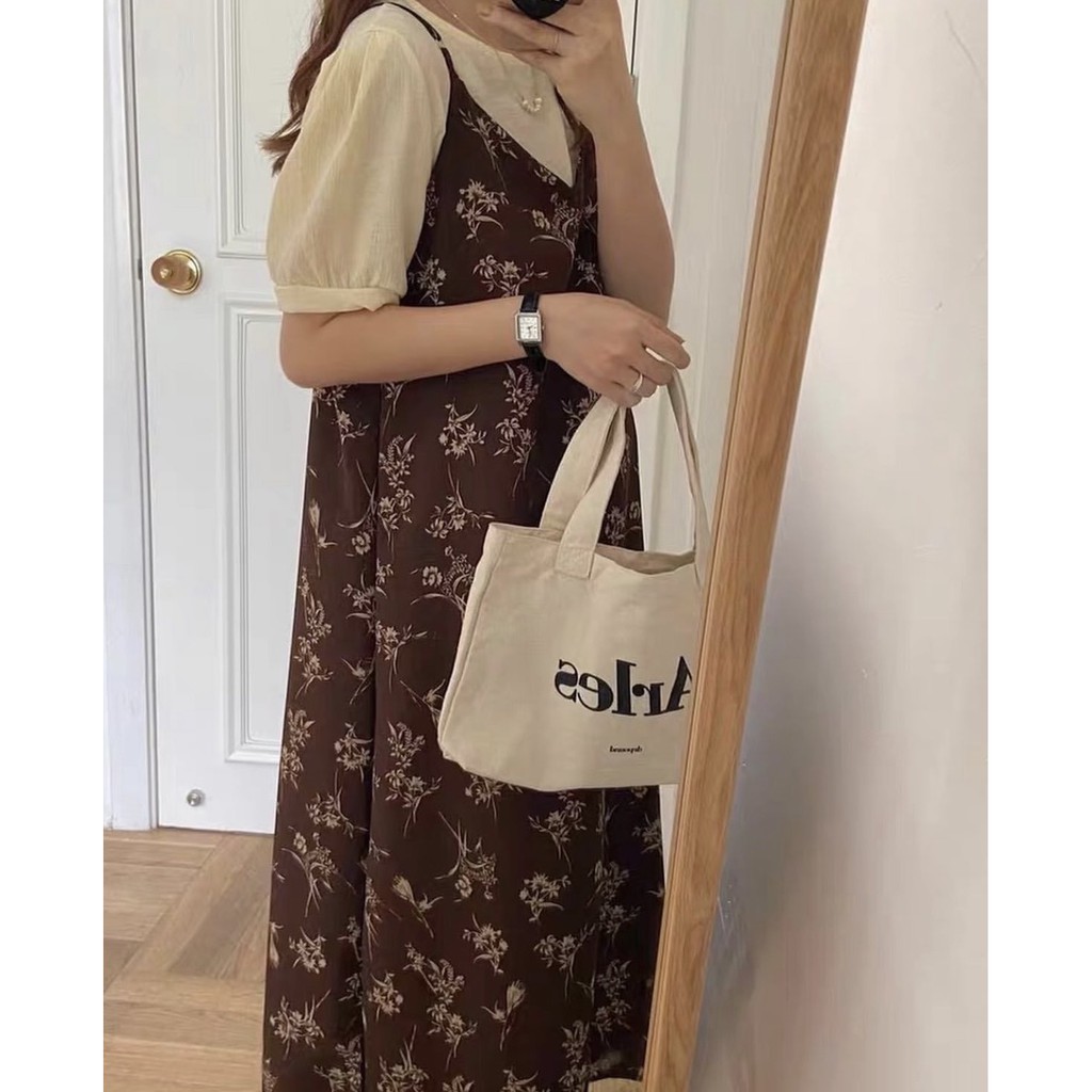 Đầm - Váy hai dây hoa nhí phong các Hàn Quốc - Váy hai dây hai màu trắng nâu Ulzzang | BigBuy360 - bigbuy360.vn