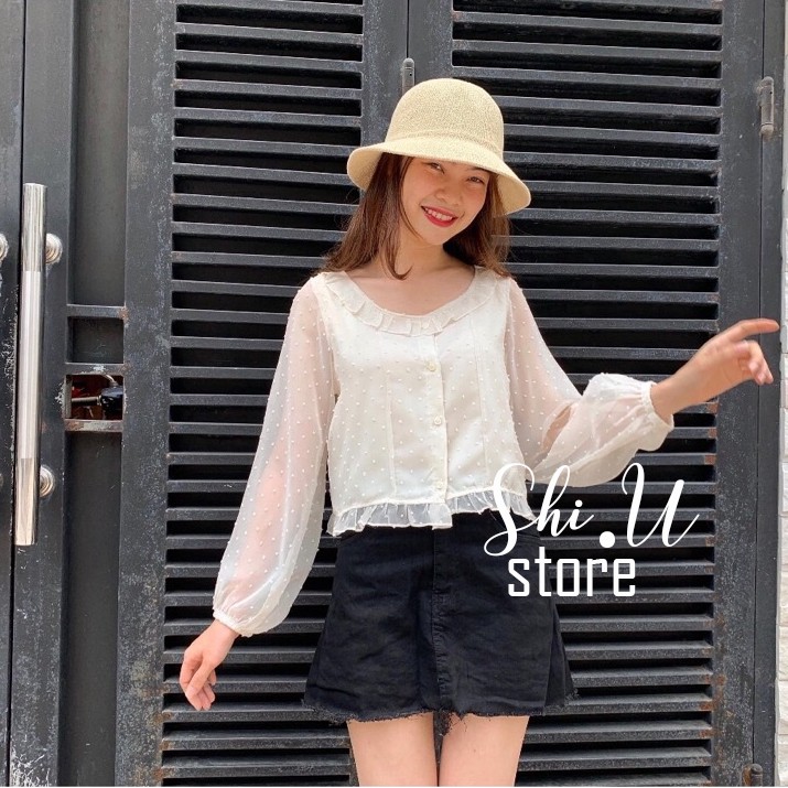 [ảnh thật] Áo Sơ Mi Nữ Kiểu Croptop Tay Phồng Chấm Bi Bánh Bèo Xinh Xắn A01