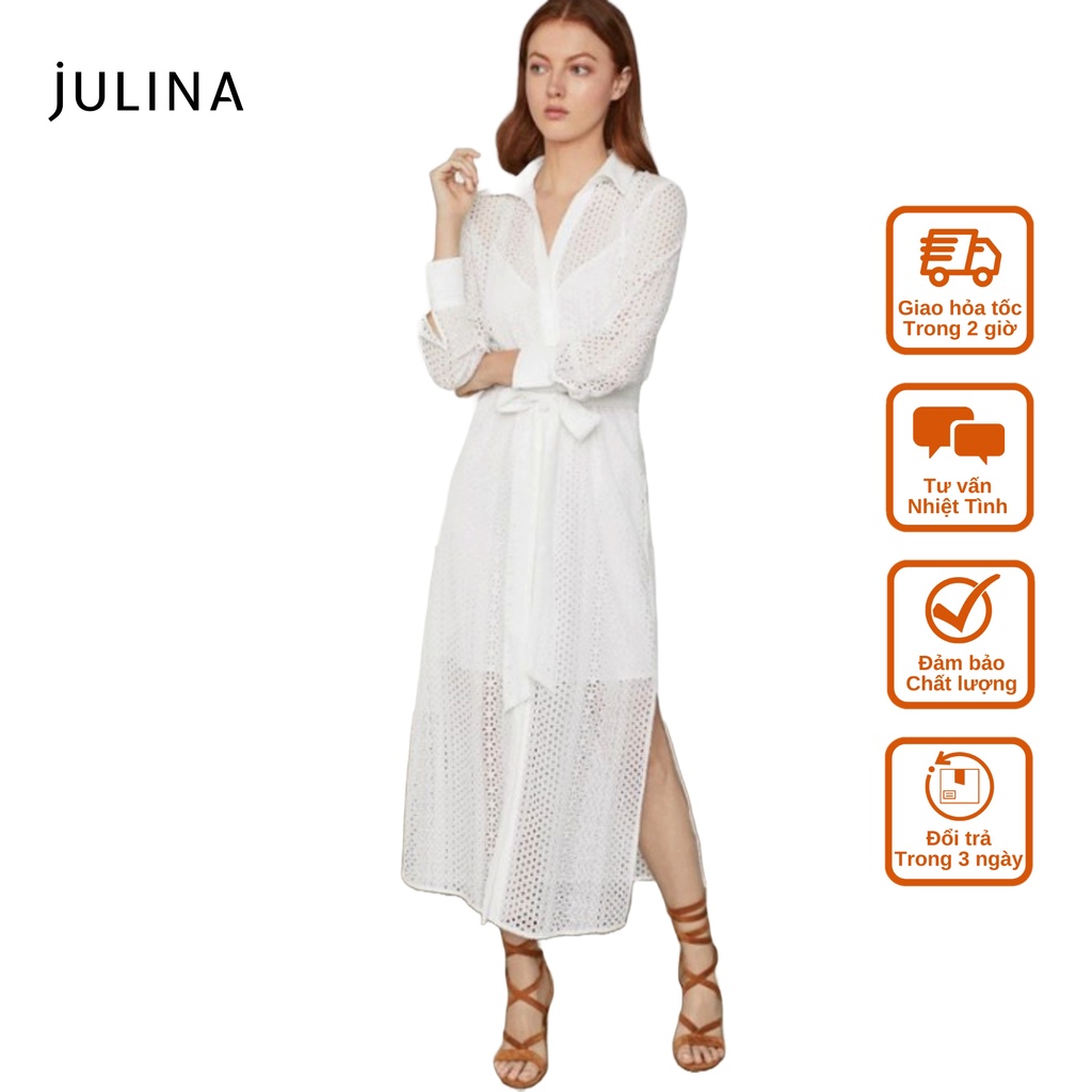 Đầm maxi cổ polo xẻ tà vải ren trắng sang trọng Julina SIZE XL - JD639