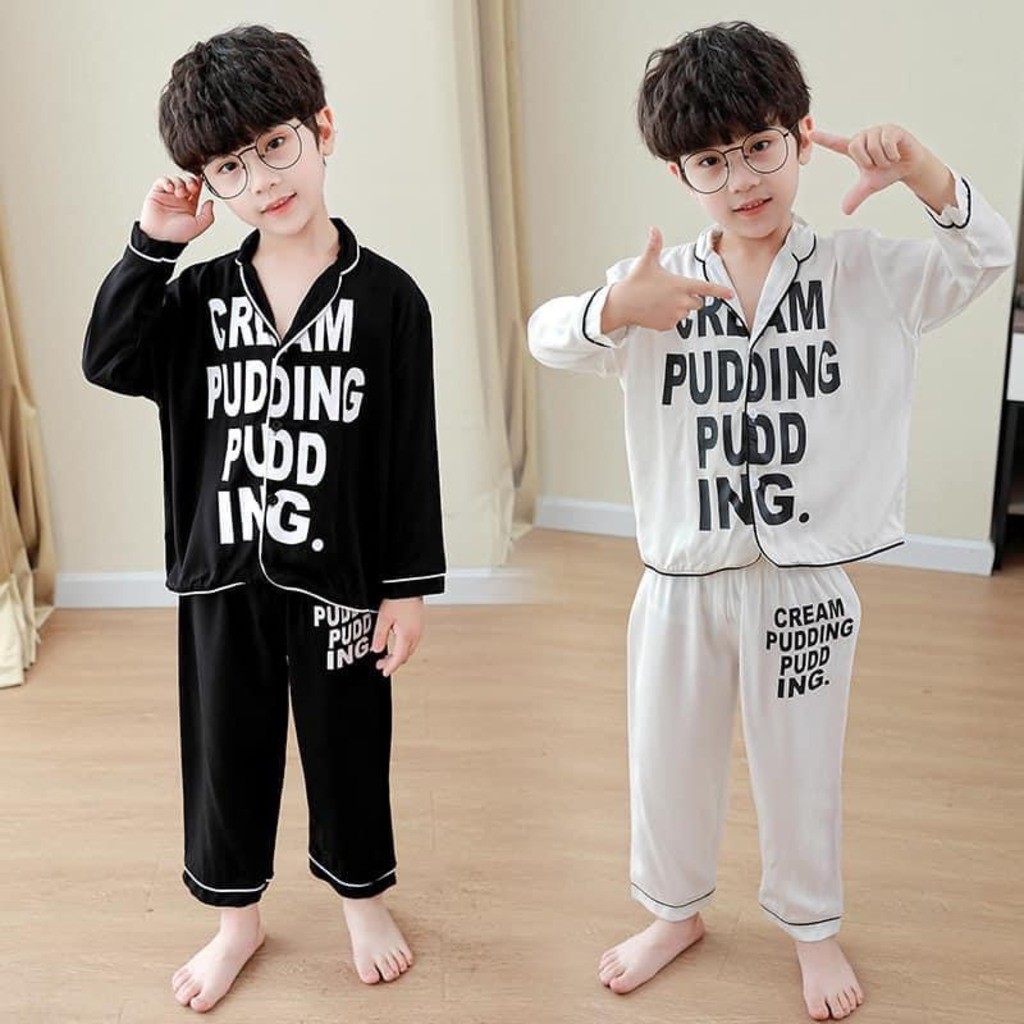 Pijama lụa dài tay in chữ cho bé từ 6-28Kg SUMO KIDS, Bộ đồ ngủ dài tay cho bé trai và bé gái mặc đều xinh