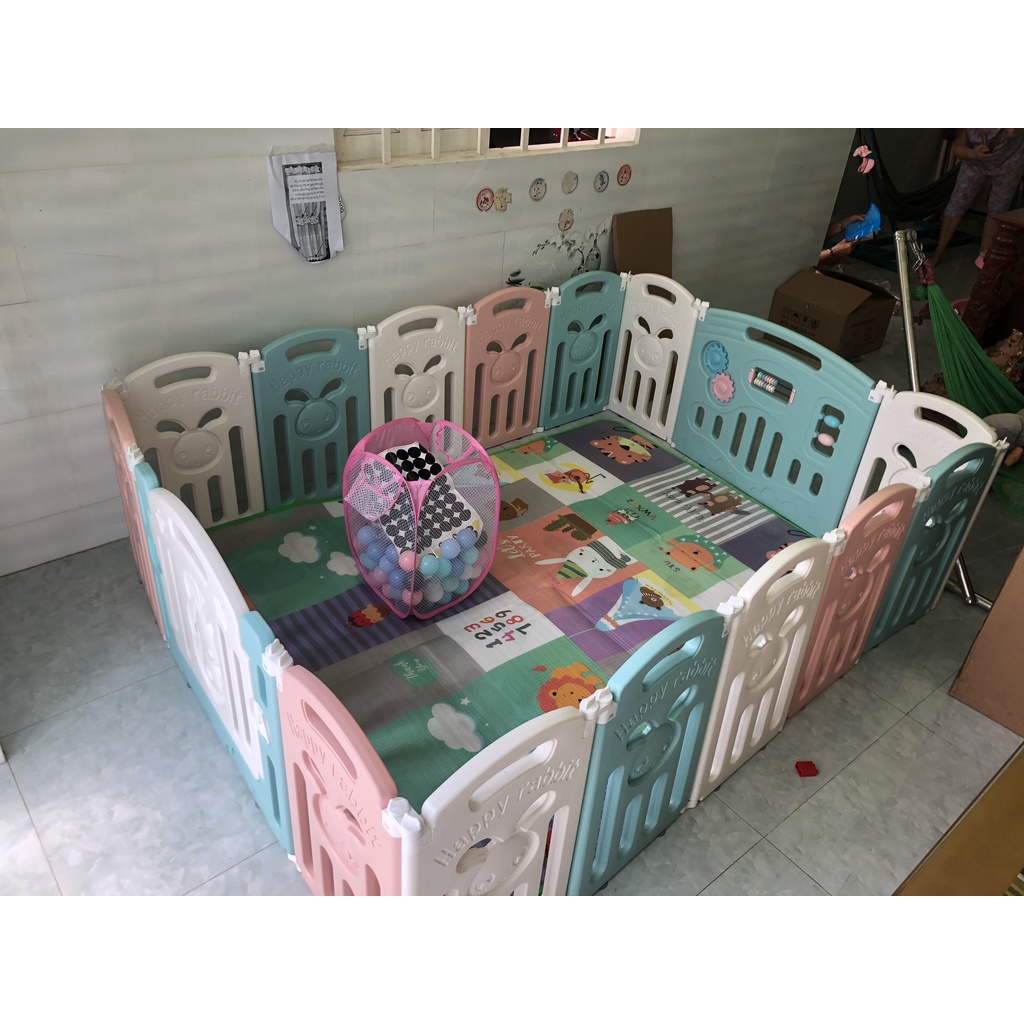 [Tặng Thảm Và 100 Banh] Quây Cũi Nhựa Gấp Gọn Hoạ Tiết Chú Thỏ, Nhựa Nguyên Sinh An Toàn, Màu Cam Trắng