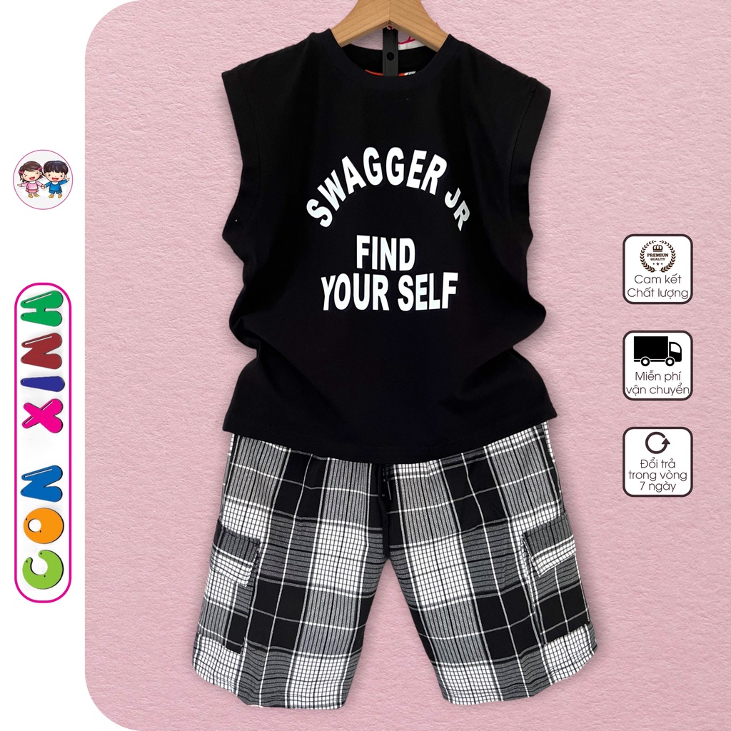 Đồ bộ bé trai CON XINH cotton sát nách phối quần caro SWAGGER, thời trang trẻ em từ 4 đến 10 tuổi