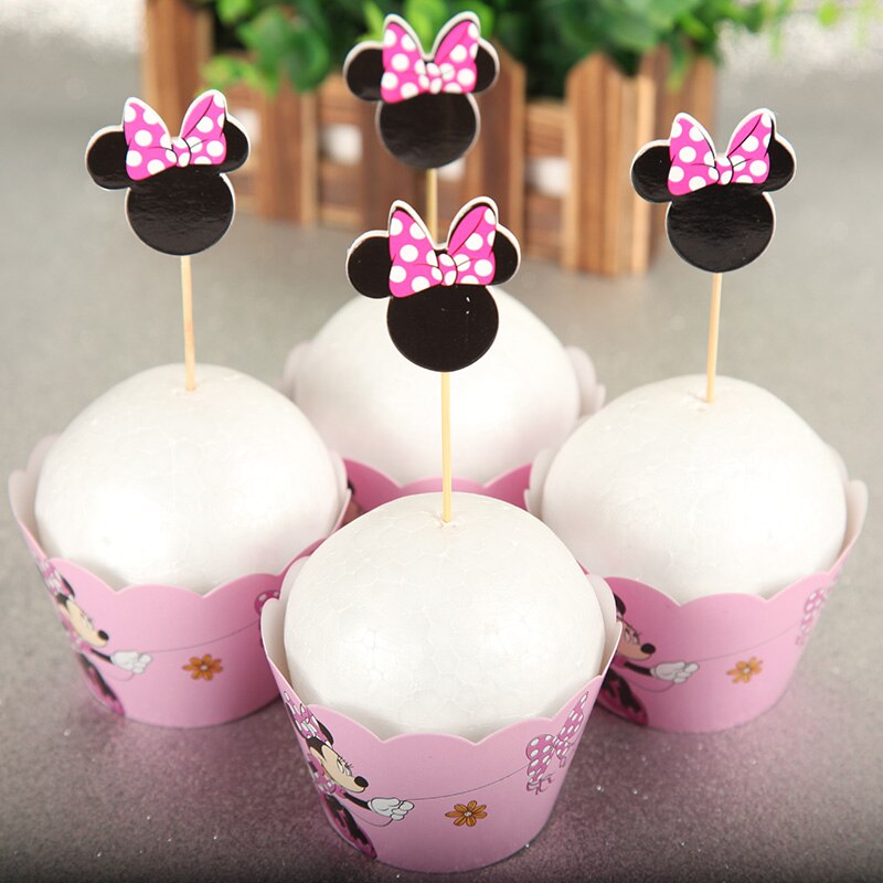 Set 12 giấy gói bánh hình chuột Minnie kèm 12 phụ kiện trang trí tiệc sinh nhật cho bé