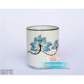 Bộ 5 cốc uống trà men kem vẽ sen xanh