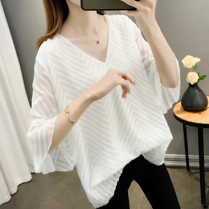 【50-90KG】 Áo Voan Mỏng Cổ Chữ V Plus Size C9366