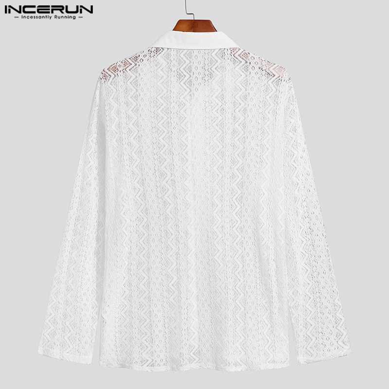 Áo sơ mi INCERUN dài tay phối ren lưới xuyên thấu phong cách Anh Quốc thanh lịch cho nam