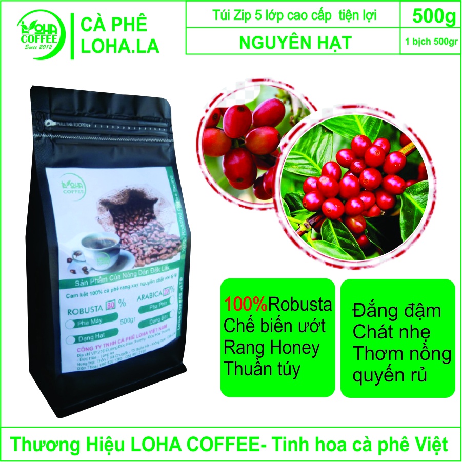500g Cà phê Robusta Honey nguyên chất rang mộc 100% -Túi Zip tiện lợi-café Nguên hạt , pha máy vị đắng đầm - hậu vị ngọt