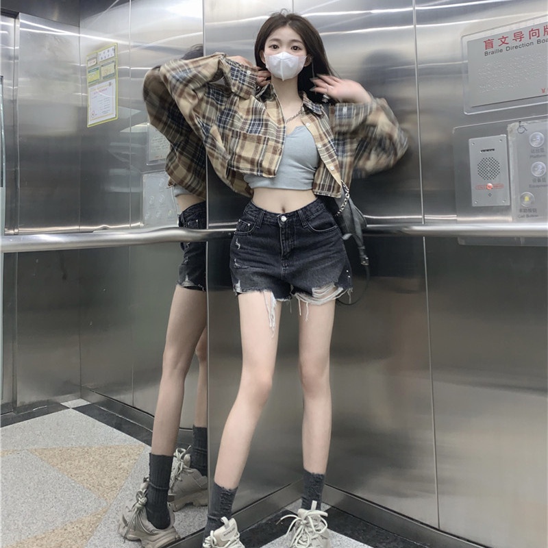 Áo Sơ Mi Nữ Ca Rô Dài Tay Cổ Bẻ Thời Trang Hàn