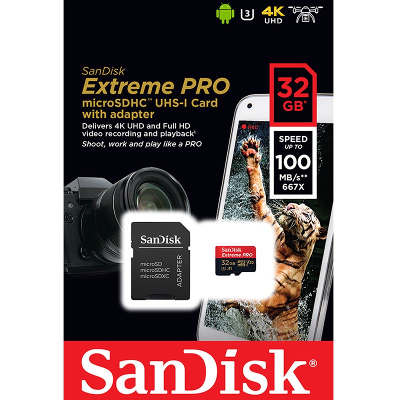 Thẻ nhớ MicroSDHC SanDisk Extreme Pro V30 U3 4K A1 32GB 100MB/s (Đen)