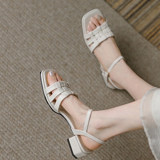 Giày Sandals cao gót quai ngang đan dây nhiều màu gót vuông cao 3cm bigsize - TTH_SHOES
