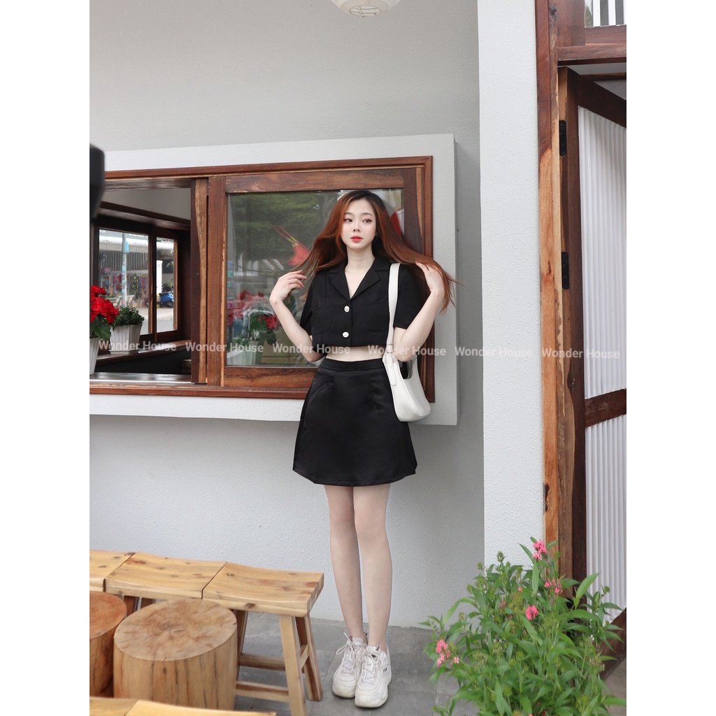 Áo sơ mi Wonderhouse cổ Vest tay ngắn croptop vải 2 lớp đi làm, dạo phố sang chảnh, nữ tính - Lita shirt