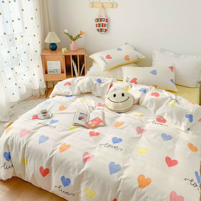 Bộ chăn ga gối Cotton Poly Tim Vàng. Chăn ga phong cách Hàn quốc