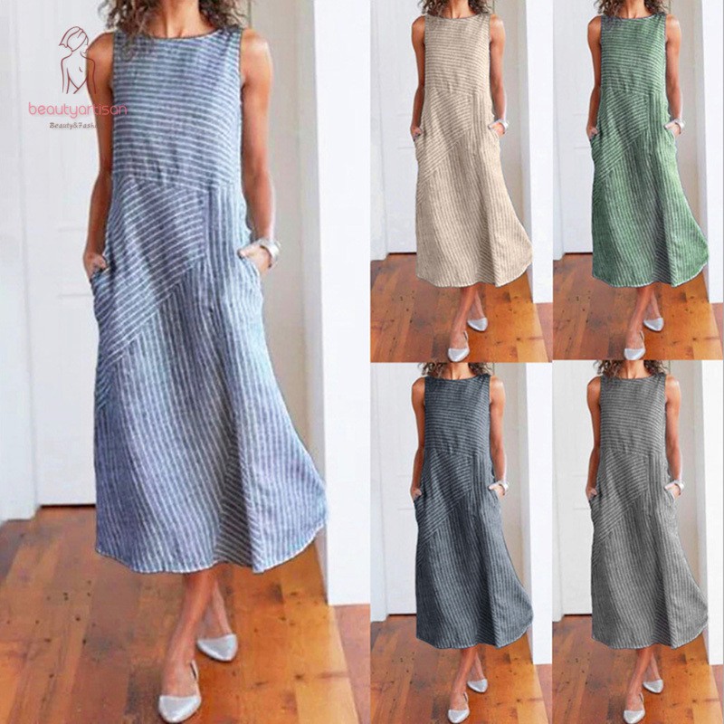 Đầm Maxi Sát Nách Chất Cotton Hoạ Tiết Kẻ Sọc Cho Phái Nữ | BigBuy360 - bigbuy360.vn