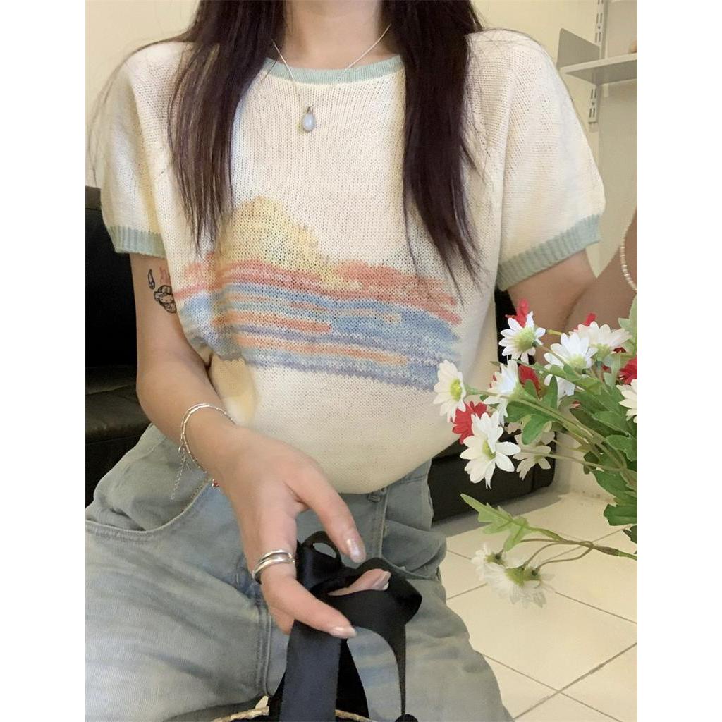 Áo Thun Dệt Kim Ngắn Tay In Họa Tiết Màu Sắc Hợp Thời Trang Hè 51937