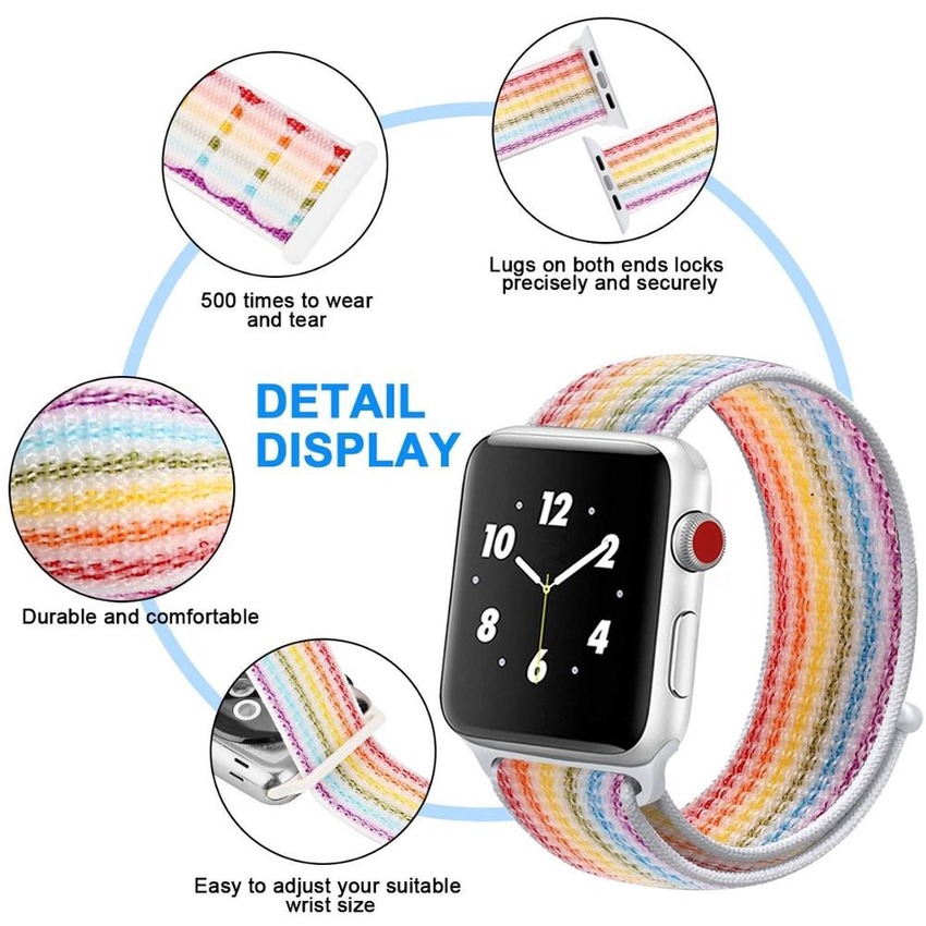 Dây đai đeo đồng hồ  Apple Watch Serise 6 SE 5 4 3 2 1 kích thước 44mm 40mm 42mm 38mm bằng nylon họa tiết cầu vồng