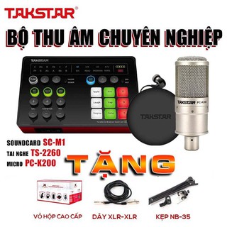 Trọn bộ combo thu âm, mic livestream: SOUNDCARD SC-M1, MIC PC-200 và TAI NGHE TS2260, kep mic NB35, bảo hành 12 tháng