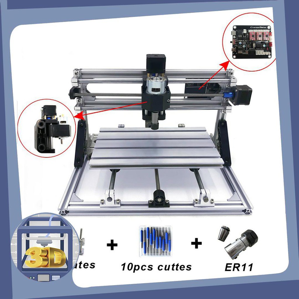 Máy phay gỗ CNC mini 3018 (combo laser diode) + 10 mũi phay PCB + 4 Set plates + ER11 + USB hướng dẫn