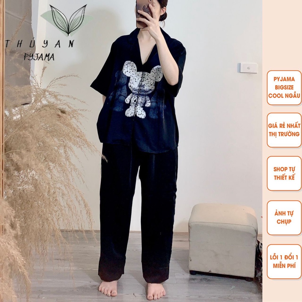 Bộ Pijama nữ bigsize tai chuột trắng cộc dài chất lụa Mango ko nhăn dành cho nữ có size từ 40kg - 90kg.