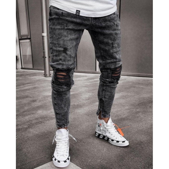 Quần Jeans Rách Nam - Amey JR03- Màu xám lông chuột có khoá kéo Form skinny ôm chân