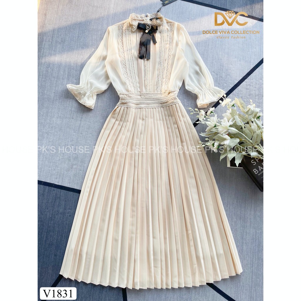 Váy Thiết Kế Dáng Xoè Phối Nơ Dập Ly V1831, Đầm Thiết Kế Ren Tiểu Thư Cao Cấp - PK Official | BigBuy360 - bigbuy360.vn