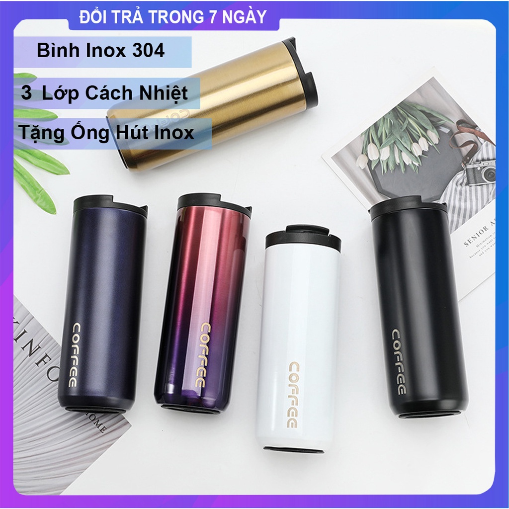 ♦▦㍿Bình Giữ Nhiệt Coffee Thép Không Gỉ 304 Ly Cafe 400ml/500ml Tặng Ống Hút Inox Nóng lạnh 6 Đến 8 Giờ