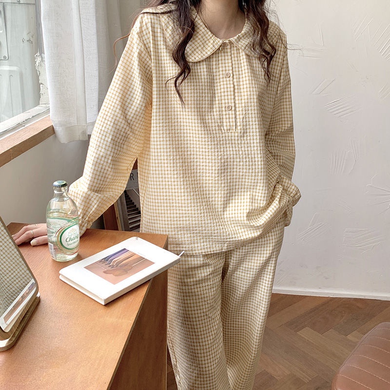 Bộ đồ ngủ cổ búp bê hoa văn kẻ ô thiết kế dễ thương dành cho nữ