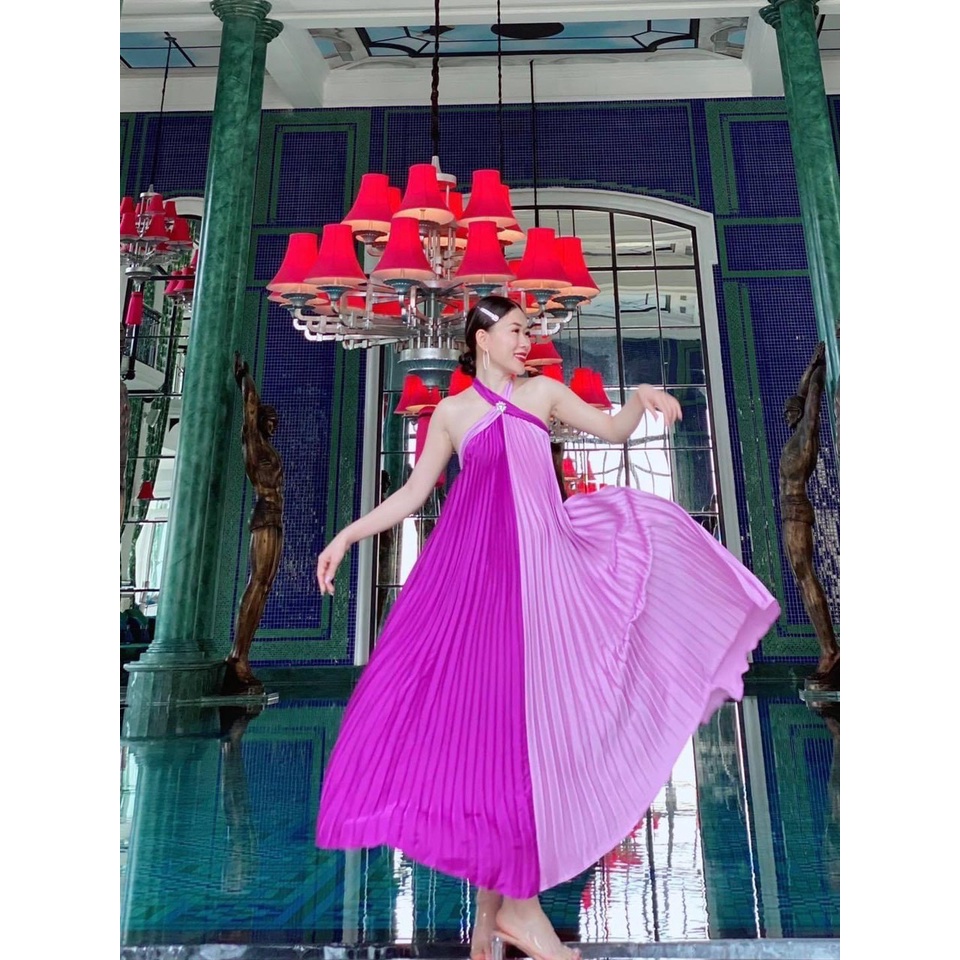 Đầm maxi dập ly cổ yếm phối màu đi tiệc đi biển xinh đẹp sống ảo XUKA-DRESS DT051
