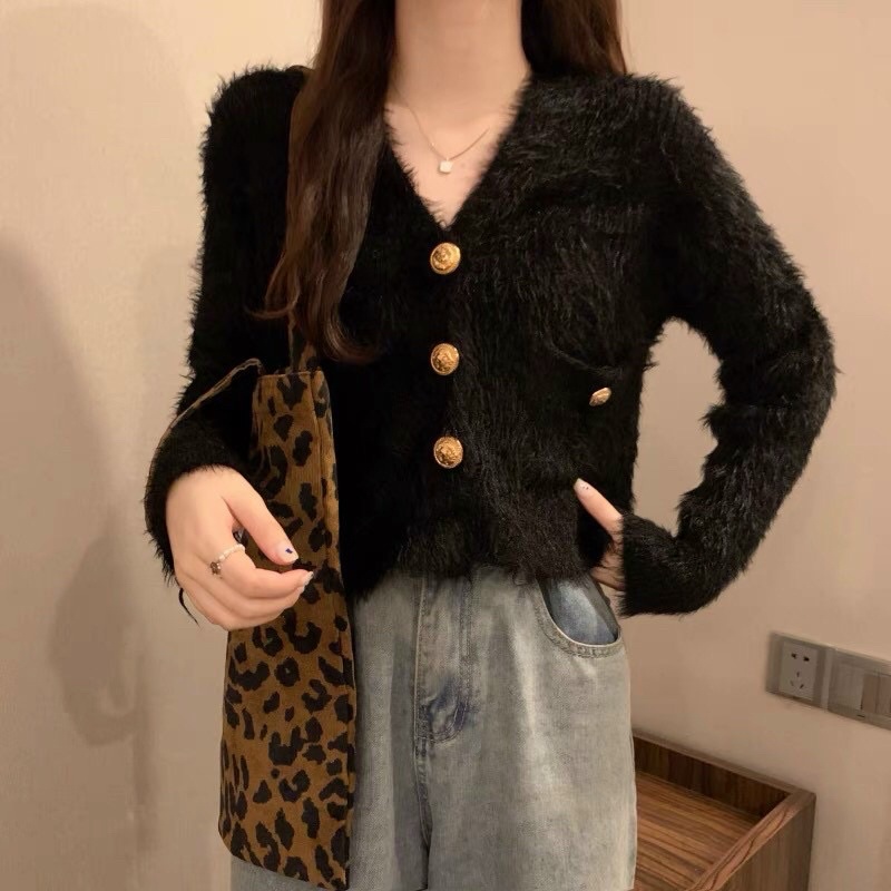 Áo khoác cardigan len lông khuy đồng sang xịn hàng QC