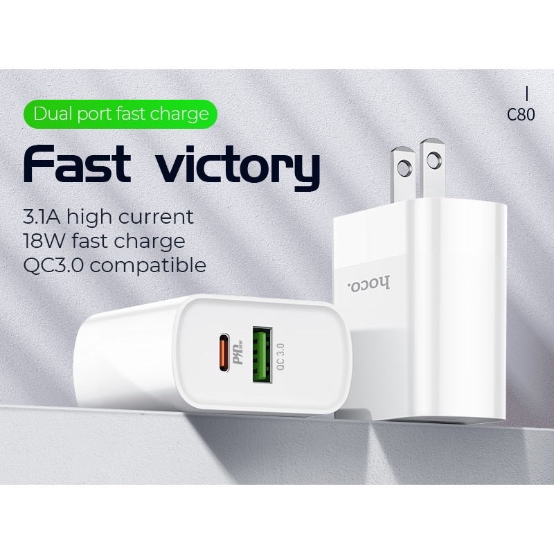 ✔️FREESHIP✔Cốc Sạc Nhanh 2 Cổng CAO CẤP-Củ Sạc Hoco C80/C80A Sạc Nhanh 20W QC 3.0-PD )Cho Android -BẢO HÀNH 12 THÁNG