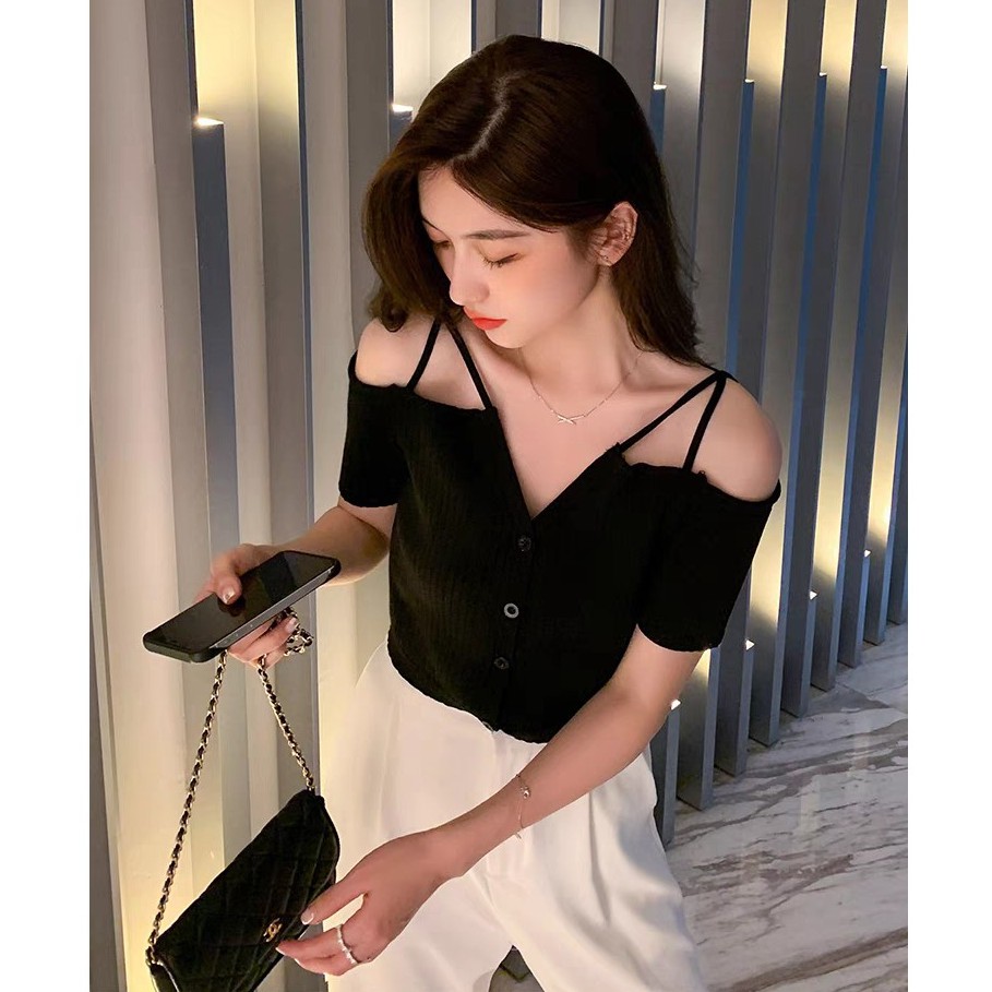 Cocory vn Áo croptop dệt kim tay ngắn trễ vai thiết kế ôm sát quyến rũ