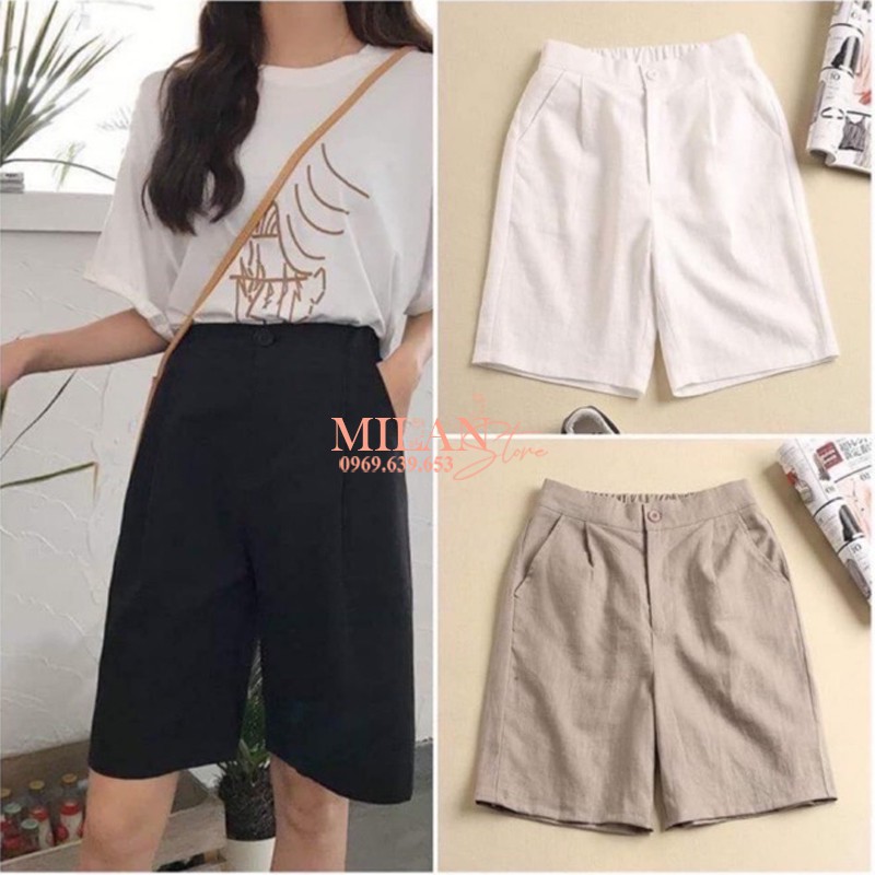 Quần đùi đũi nữ khóa thật lưng thun chun cạp cúc cao - Màu Đen Trắng Be - Vải đũi xước - Mặc ở nhà ngủ đi biển chạy bộ