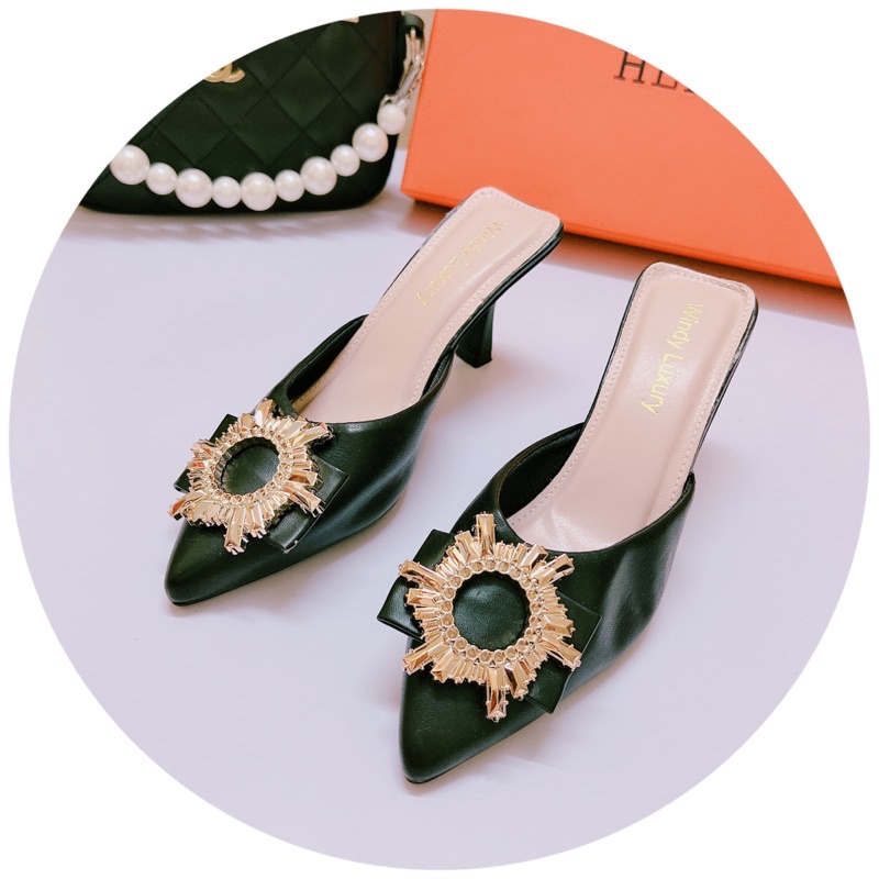 Giày sục cao gót 7p mũi nhọn da lì tag Tròn vàng xinh xỉu