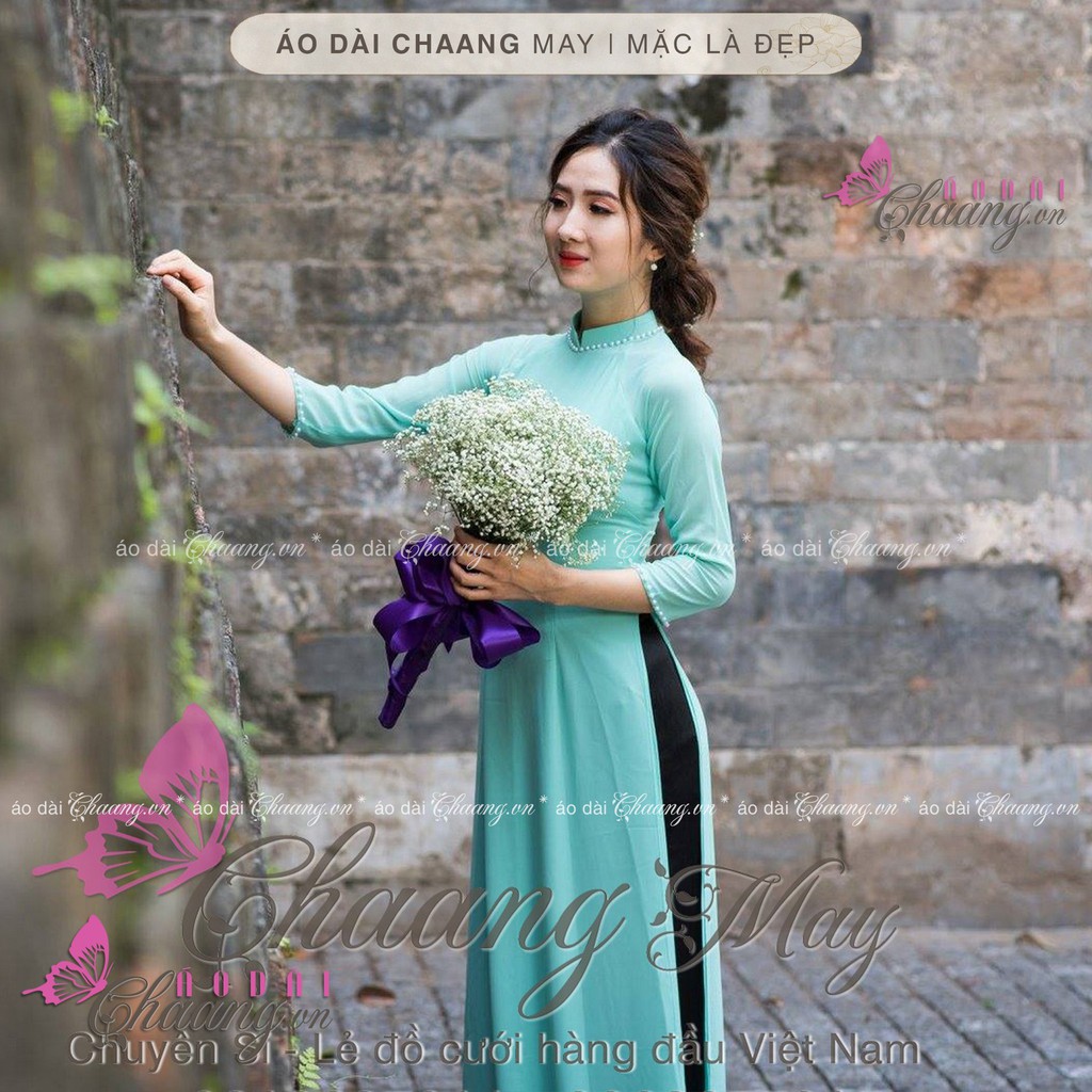 Áo dài màu xanh ngọc Chaang may sẵn vải áo dài lụa truyền thống đính hạt kèm quần