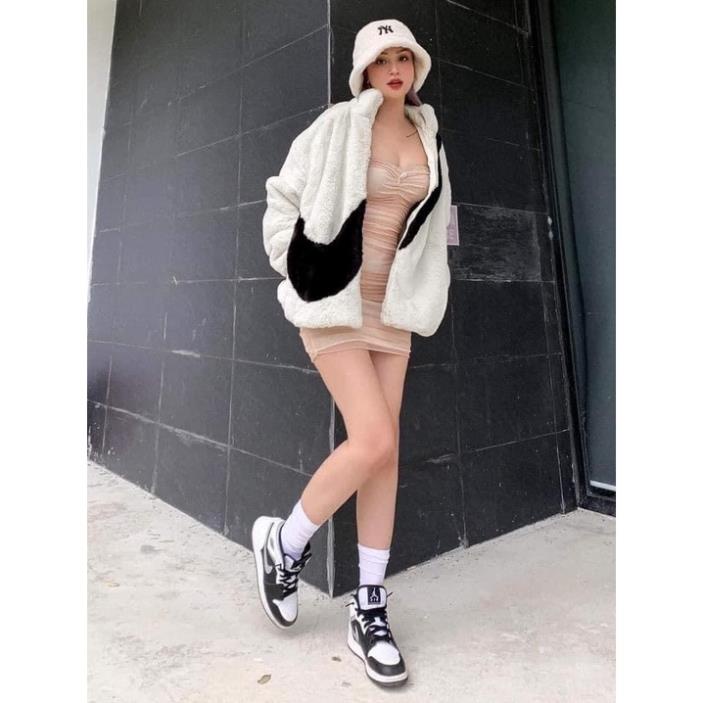 Áo N!!ke Chất Lông Cừu Cổ Bẻ Dáng Rộng Cao Cấp Nam Nữ Unisex 2 Màu Đen Trắng Có Kèm Ảnh Thật